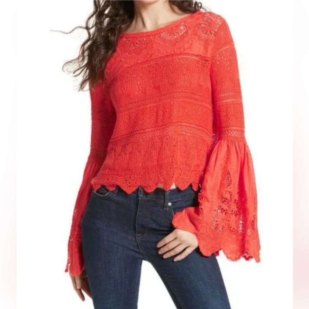 Free People Boho Whimsical Once Upon a Time Lace Bell-Sleeve Blouse-Coral